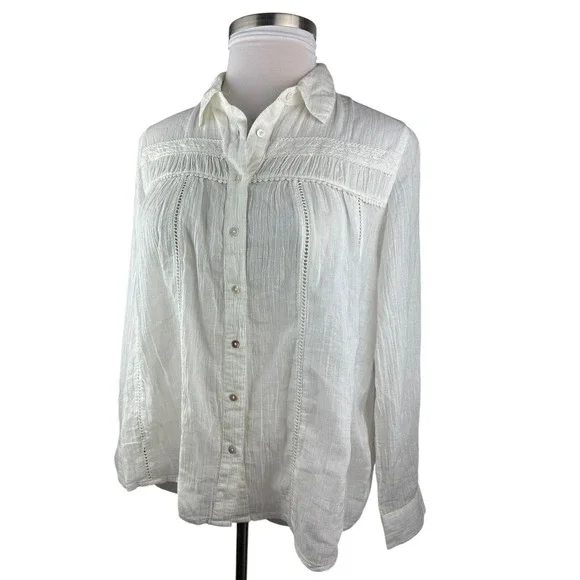 Sundance White Cotton Long Sleeve Button Up Blouse Crochet Boho Sheer Size Small - Picture 4 of 14